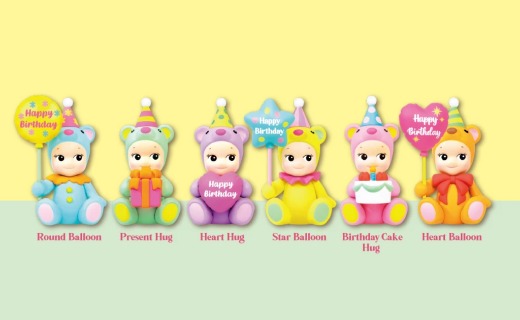 Six styles of Sonny Angel Birthday Bear series on a yellow and green background.