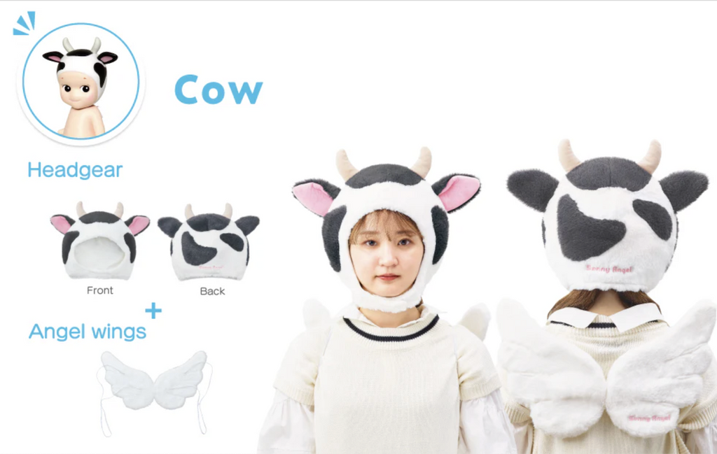 Front and back view of someone wearing the Sonny Angel Cow Costume with plush cow hat and wings. 