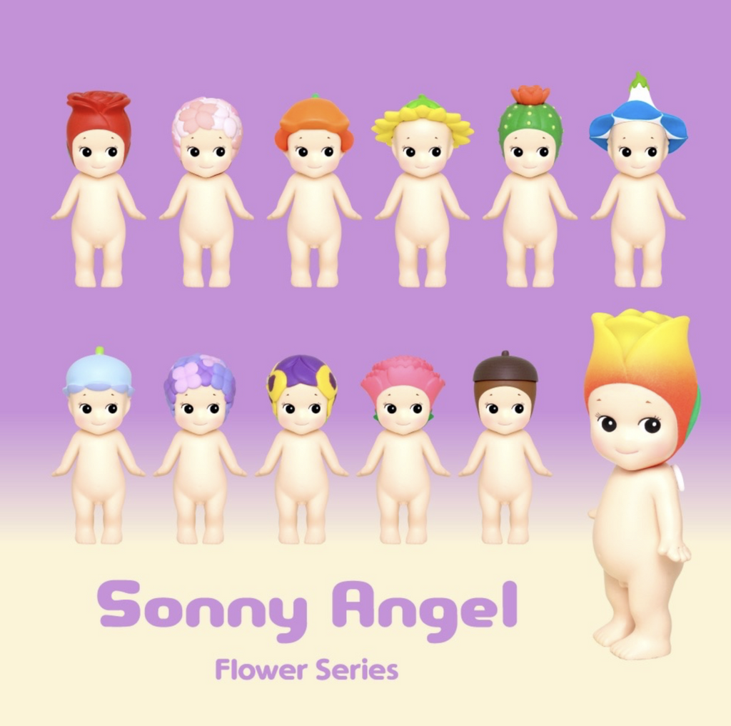 Sonny Angel collectible figures from the Flower Series. 12 different styles each figure with a different flower hat atop their head. 
