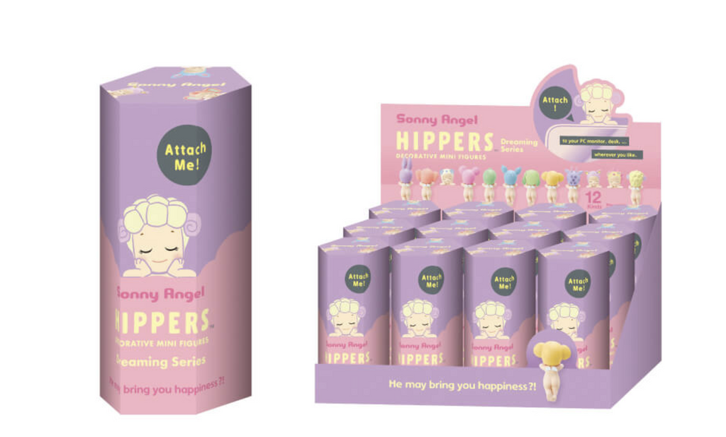 Sonny Angel Dreaming Hippers series blind box. Image shows pink and purple single hipper box next to a full case on a white background.