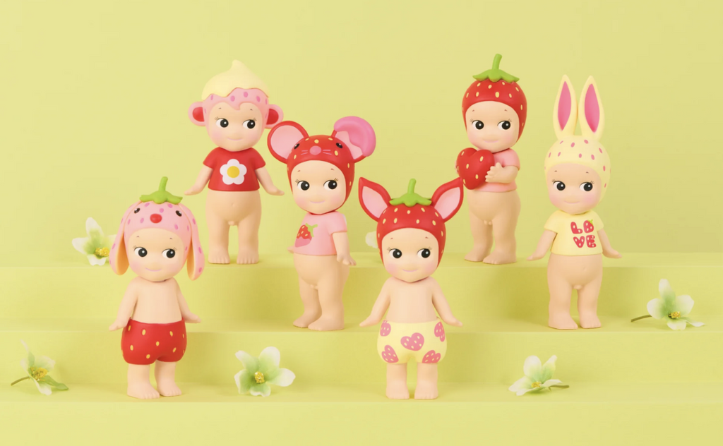 The brand new Sonny Angel Strawberry Love series. Sonny Angel figures are all dressed in strawberry themed outfits and hats. 
