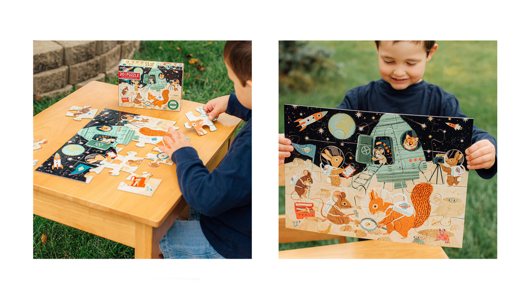 Split image showing a child working on the puzzle at a table outside and then presenting the completed puzzle.