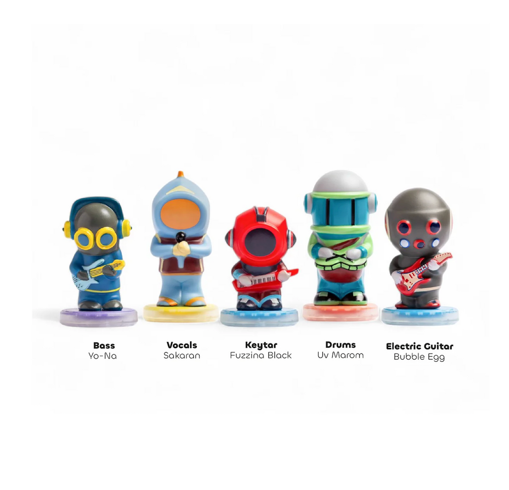 Five figures from the Space Mariners Galactic Band with vocals, bass, keytar, drums and electric guitar. 