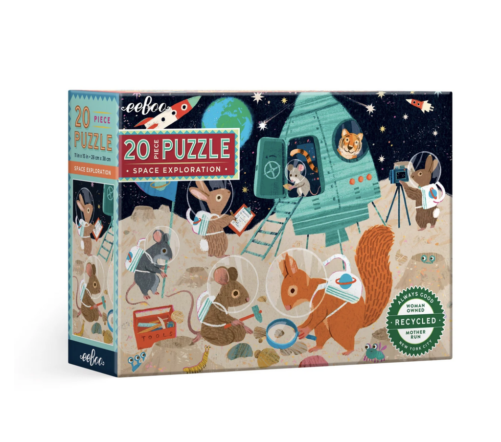 Illustrated box of 20 piece Space Exploration jigsaw puzzle by eeboo featuring mice, squirrels, and bunnies on the moon.