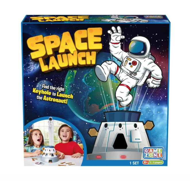 Game box with colorful illustration of an astronaut being launched into space from the launchpad in the game.