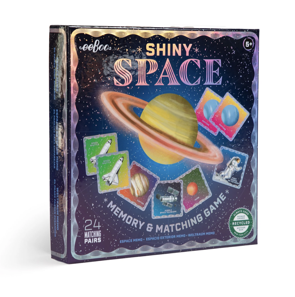 Cover of the box for Shiny Space Memory and Matching Game with illustrations and examples of pairs of cards used to play the game. 