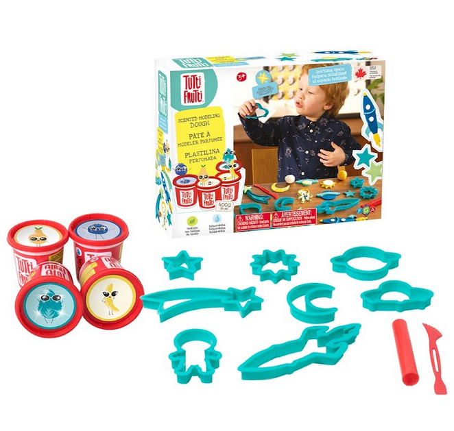 Sparkling Space Tutti Frutti Dough Kit showing included tubs of dough, shape cutters and tools. 