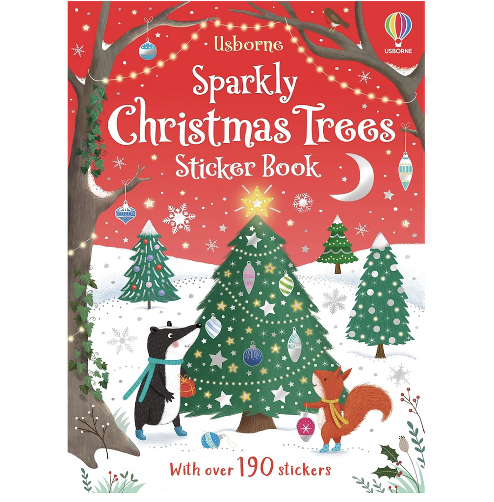 Brightly illustrated cover of Sparkly Christmas Trees Sticker Book with Christmas Trees in a field of snow being decorated by woodland animals. 