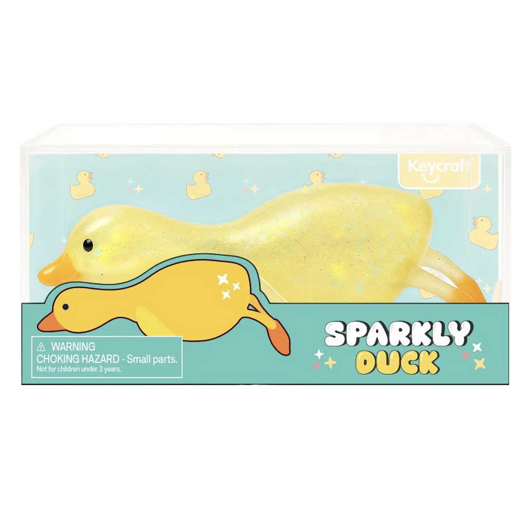 The Sparkly Squishy Duck packaged in a clear plastic box with a blue and yellow background. 