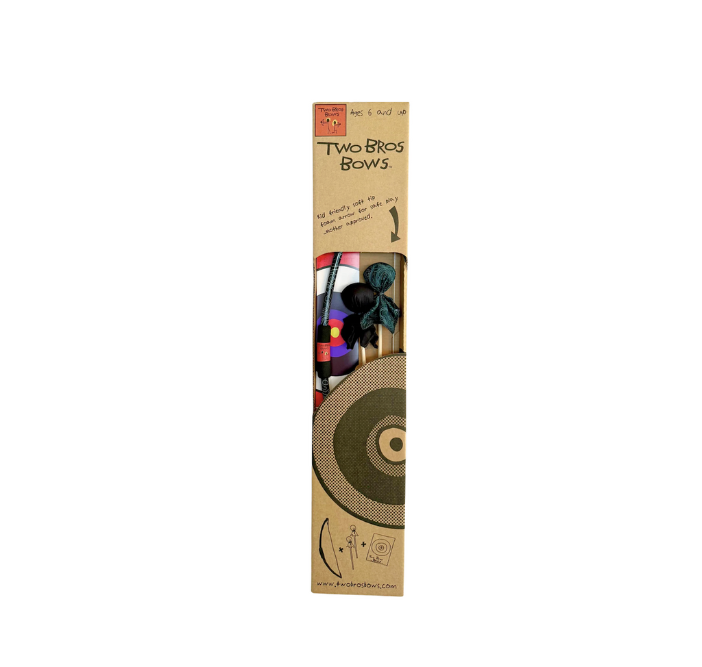 The Two Bros. Bows Spectre Bow and Arrows Box Set packaged in a plain brown rectangular box with an opening to show the dark green spectre print on the bow and included arrows. 