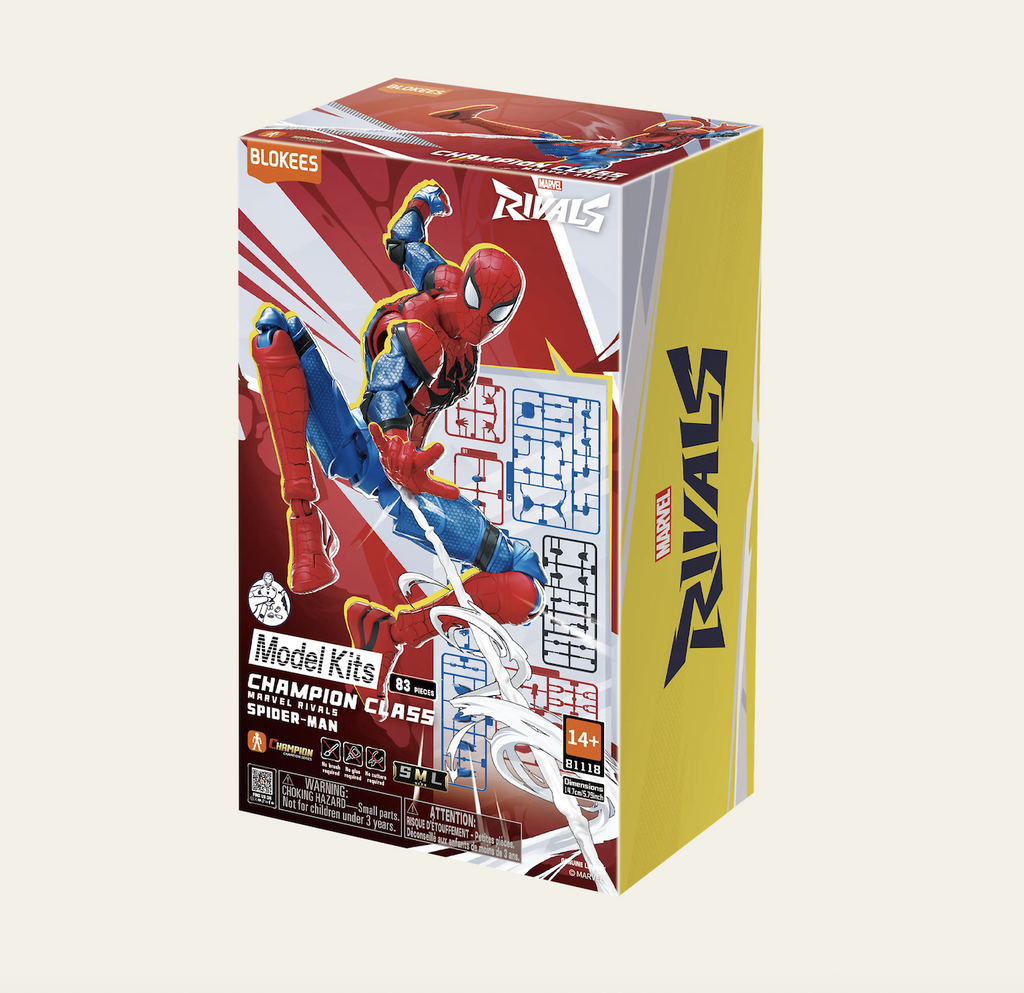 The Spider-Man Marvel Rivals Champion Class model kit packaged in a bright, red and yellow box with graphics of Spider-Man swinging through the air on the cover. 
