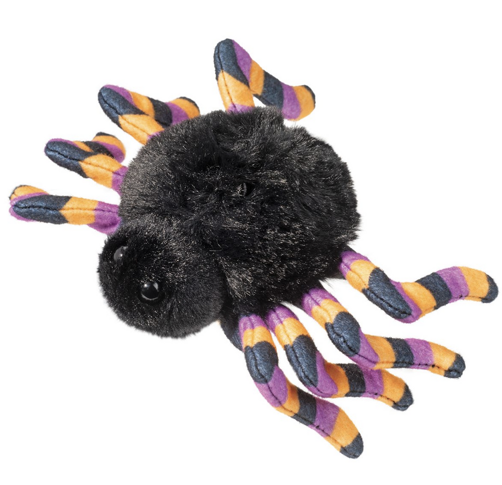 Plush spider with black body and purple, orange and black striped legs.