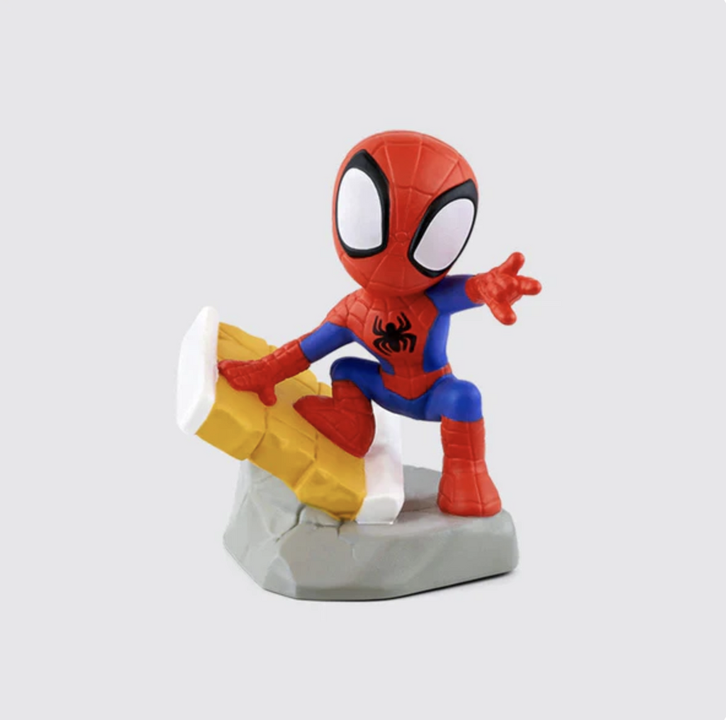 Spidey Tonie figure shows Spiderman crouching on a piece of wall with his hand out like he's casting a web.