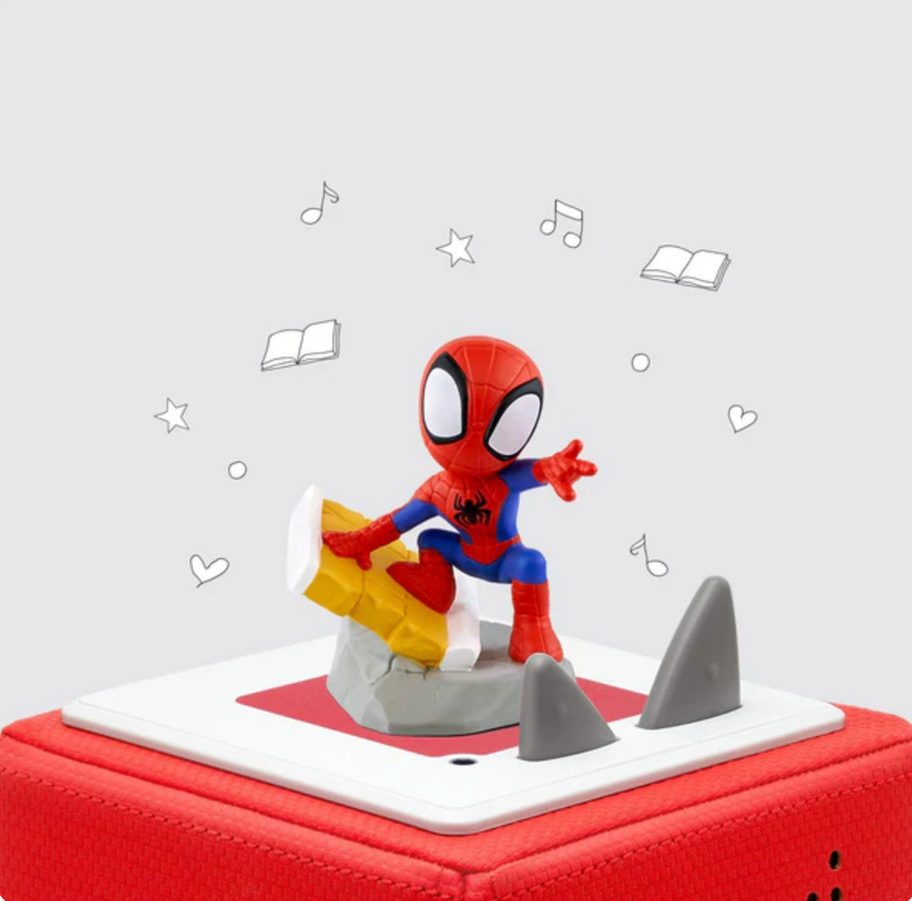 Spidey Tonie figure on top of a red Toniebox player.