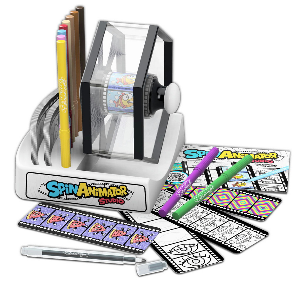 The SpinAnimator Studio a kid powered design studio that allows you to watch your drawings come to life. With pre-printed strips to color in as well as blank strips to create your own animated art. Fine line markers also included. 