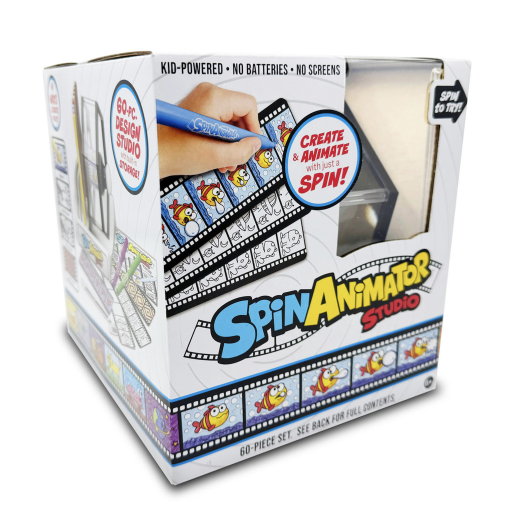 A box with animated film strips and a clear window that shows the Spin Animator itself. 