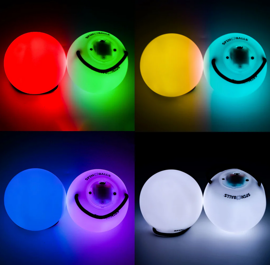 Pictures of the Spin Balls lit up in different colors. 