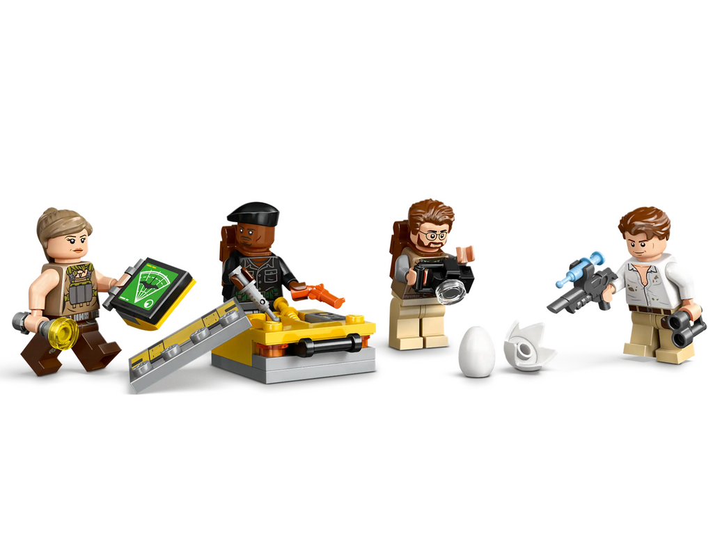 LEGO minifigures Martin Krebs, Zora Bennett, Duncan Kincaid and Dr. Henry Loomis from the movie Jurassic World Rebirth