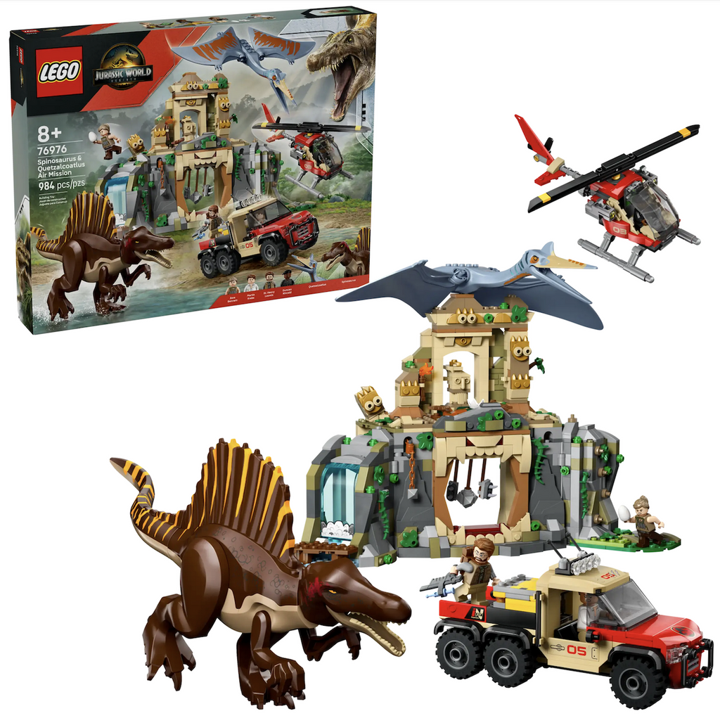The Spinosaurus & Quetzalcoatlus Air Mission LEGO play set features 2 molded Jurassic World Rebirth dinosaur figures and minifigures from the movie as well as an ancient temple with a waterfall, a trap with falling axes, collapsing columns, a nest and eggs. There’s also a toy helicopter, truck toy, syringe case, 