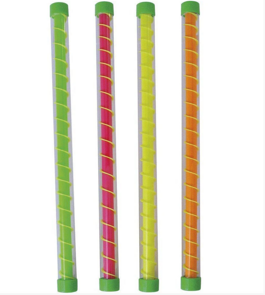 Spiral gravity tubes in florescent green, pink, yellow and orange. each with a spiral design. When turned upside down they make a squeaking sound. Each sold individually. 