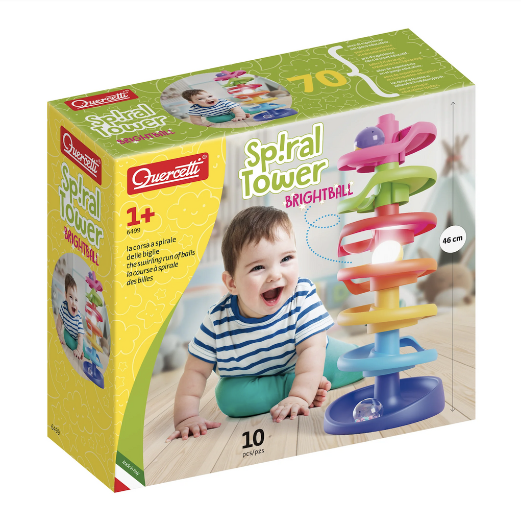 Colorful box featuring a picture of a baby sitting beside the Spiral Tower Brightball with a big smile on his face as he watches the light up ball make it's way down around the spiral tower. 