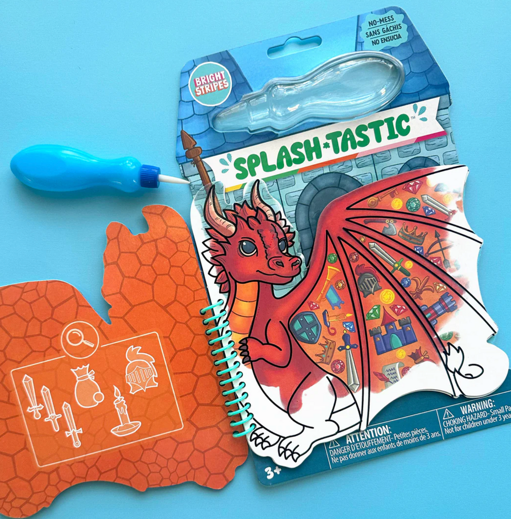 Splash Tastic Dragon watercolor pad opened to a dragon shaped page with hidden pictures that are revealed when the pages are painted with the water filled brush. 