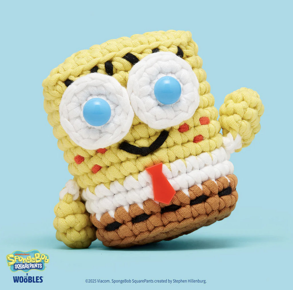 The SpongeBob Squarepants crochet character made using the Woobles beginner kit. 