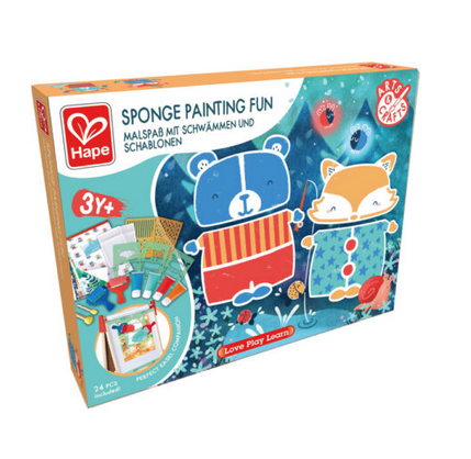 Sponge painting fun kit with color illustrations of what can be done with the kit. 