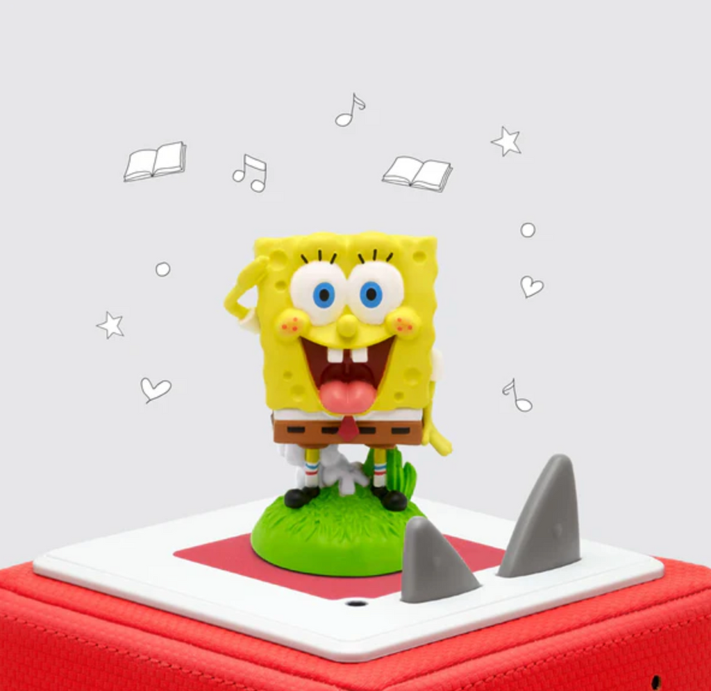 Spongebob Squarepants Tonie figure on top of a red Toniebox player.