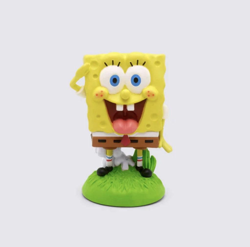 Spongebob Squarepants Tonie figure. SpongeBob is a yellow cartoon sponge that wears a white shirt, red tie, and brown pants.