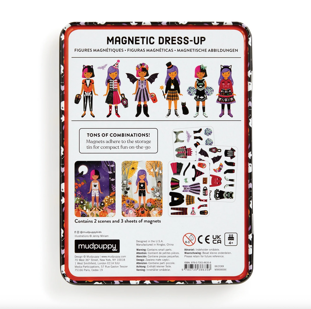 Mudpuppy magnetic dress-up toy packaging with illustrations of figures and accessories.