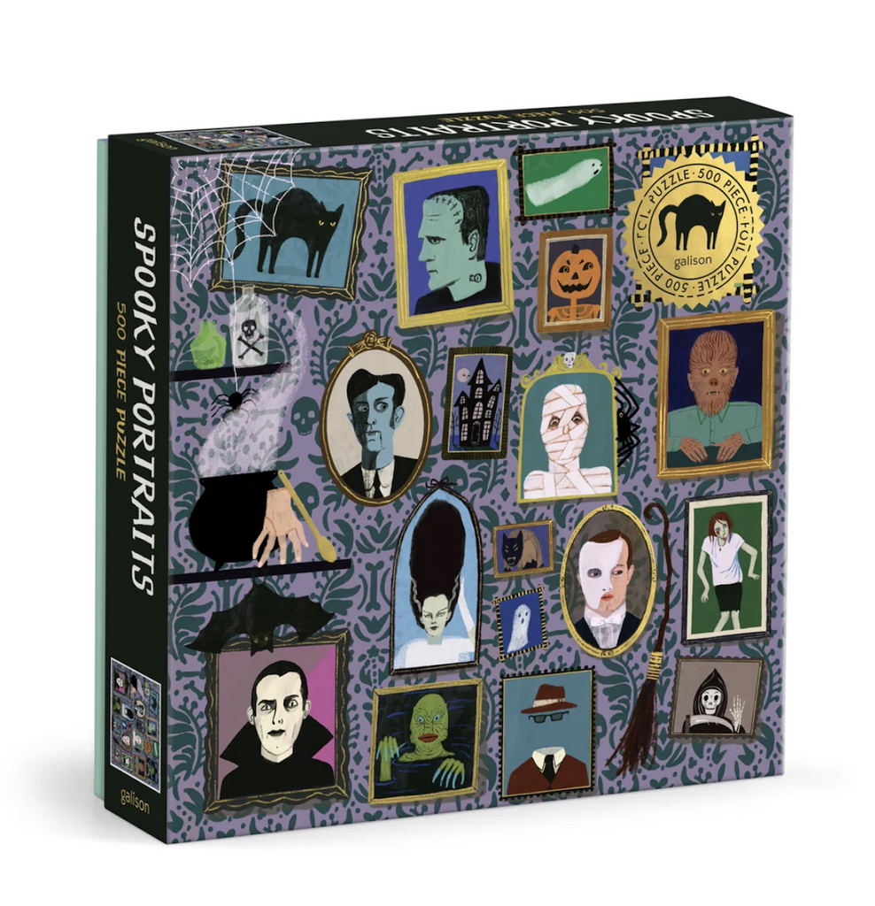 Illustrated box for the Spooky Portraits 500 Piece puzzle showing the completed puzzle. 