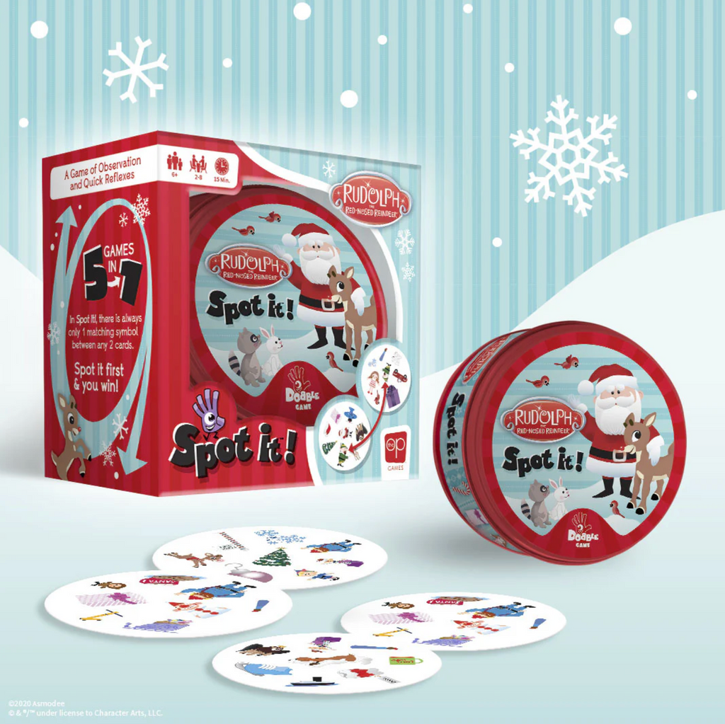 Spot It Rudolph the Red Nosed Reindeer edition game box, tin, and playing cards on a light blue background with white snowflakes.