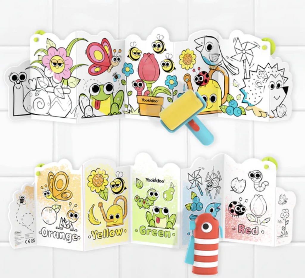 Double sided magic book bath toy with black and white images that reveal color when the water roller or water sprayer is used. 