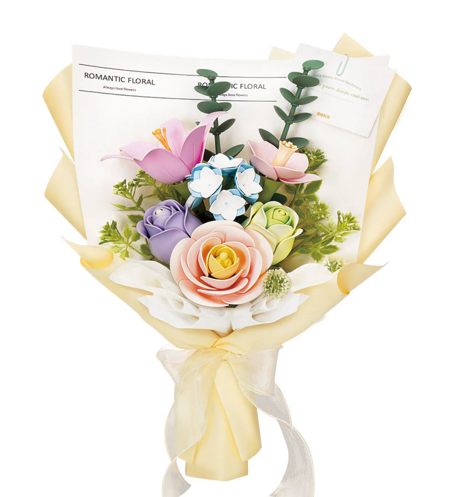 Bouquet of 3D wooden flowers pieced together to form a bouquet. 