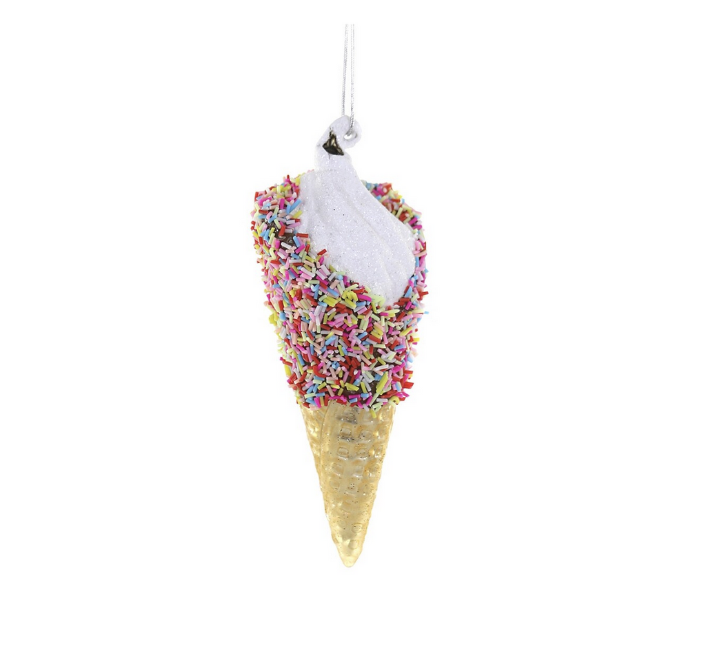 Vanilla ice cream cone with rainbow sprinkles glass ornament.