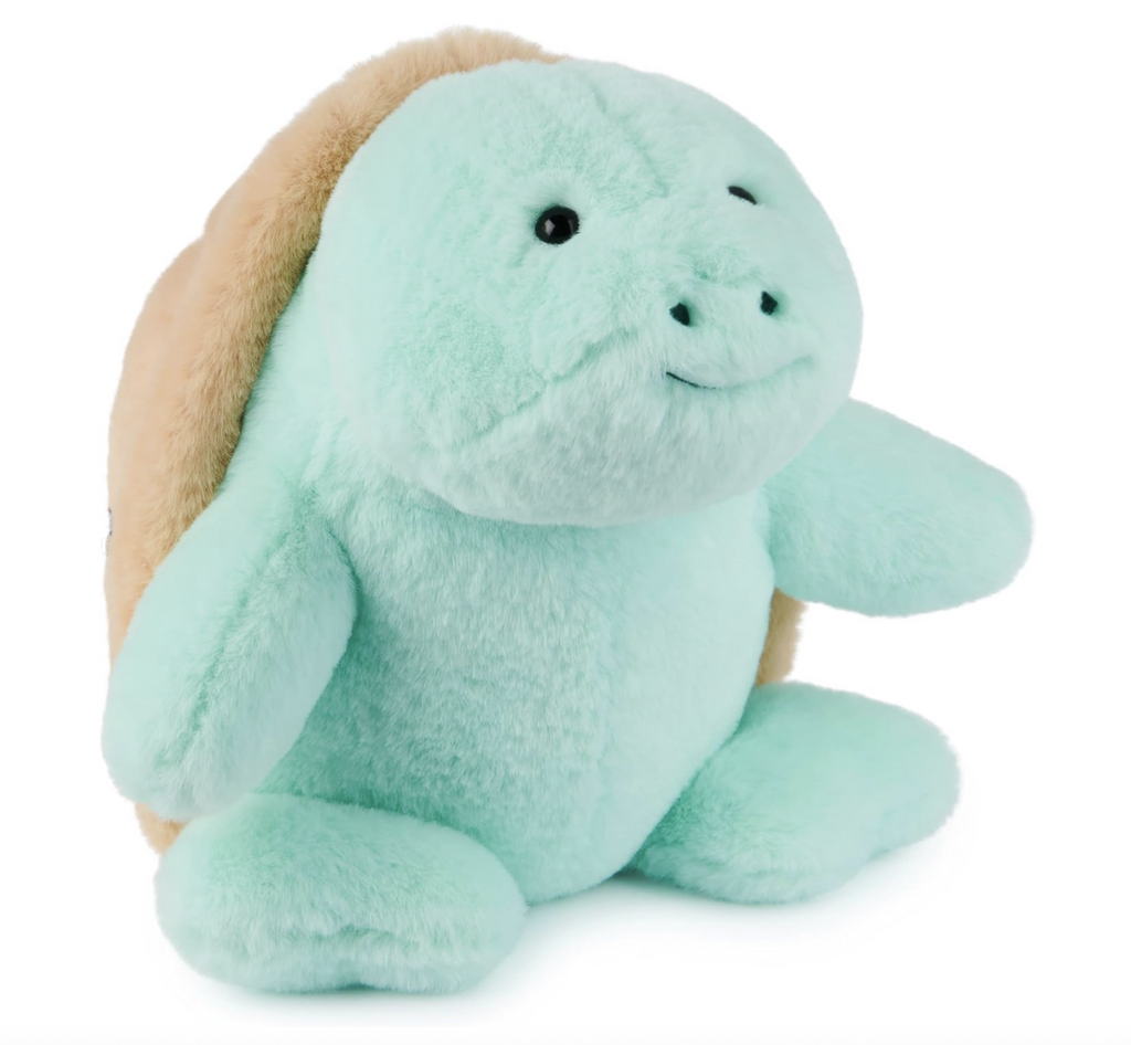 Sprout the Sea Turtle who has mint-colored plush with a copper embroidered shell, with short floppy flippers outstretched waiting for a hug. 