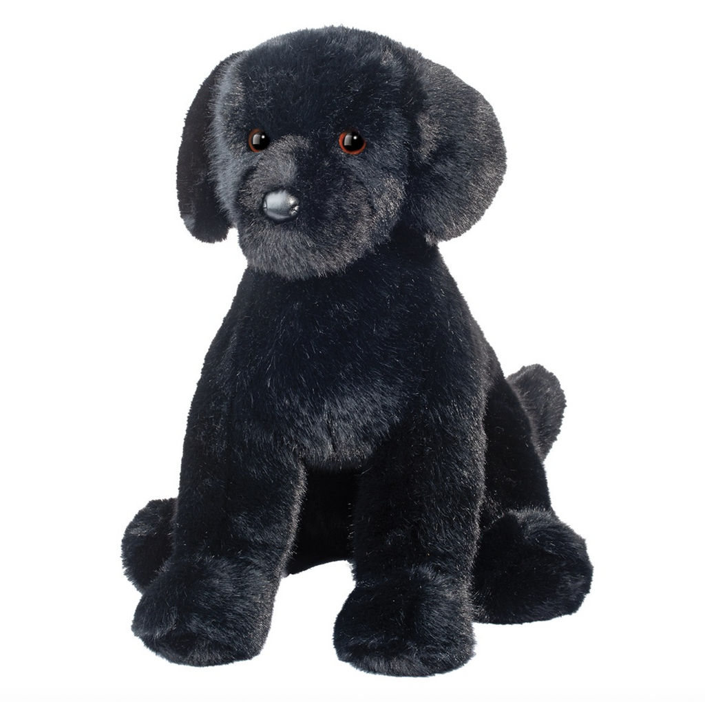 Black Labrador dog stuffed animal with soft, deep black fur and rich brown eyes in a seated pose. 