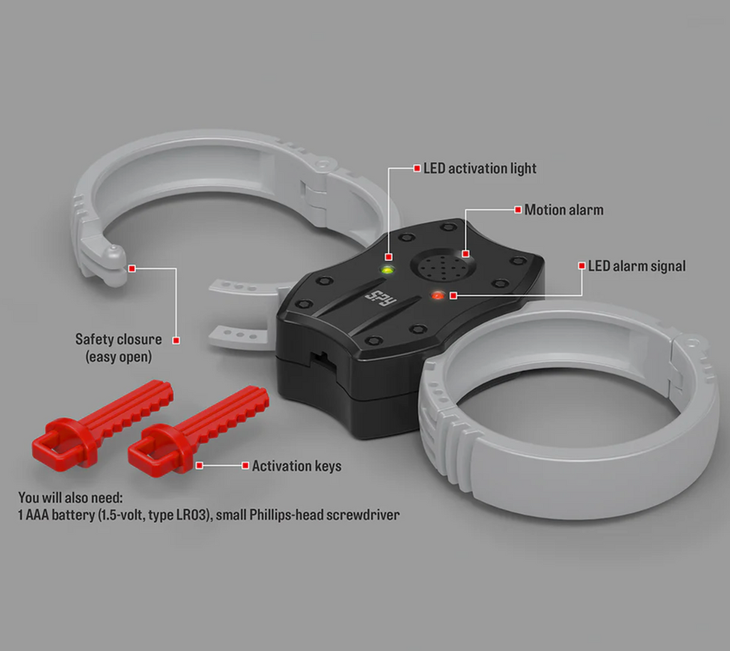 The Spy Labs High-Tech Handcuffs with two red keys and notation showing the features of the handcuffs. 