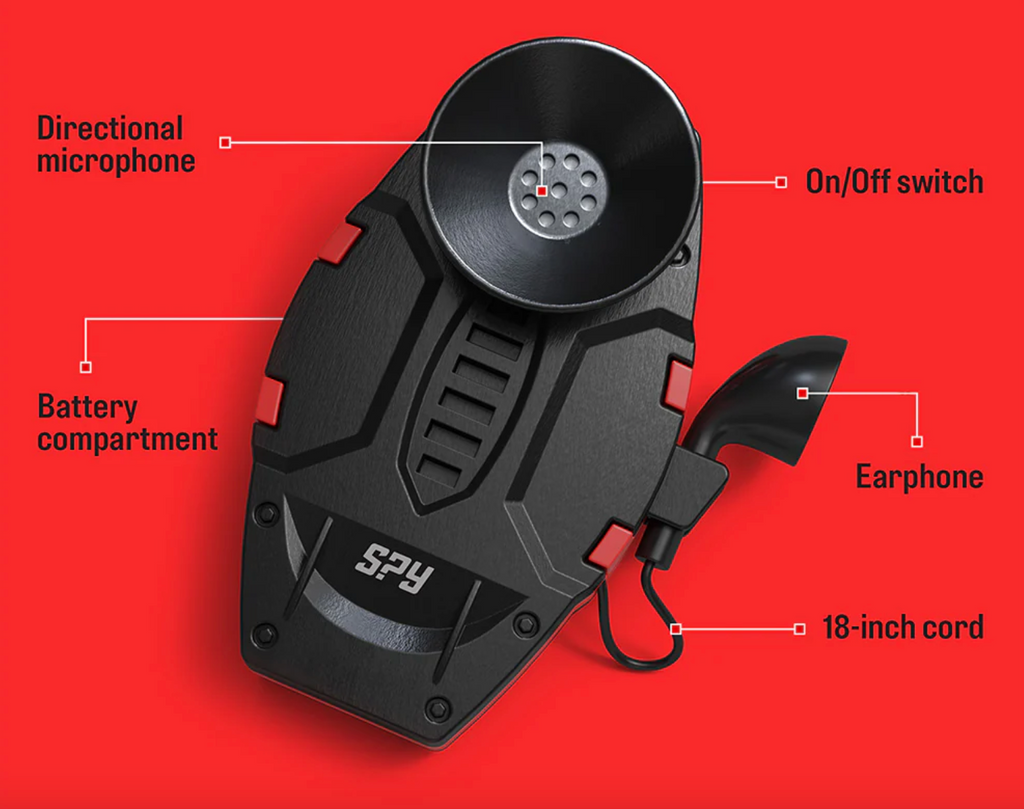The Spy Labs Listenoing Device on a red background with each of it's features shown in a diagram.