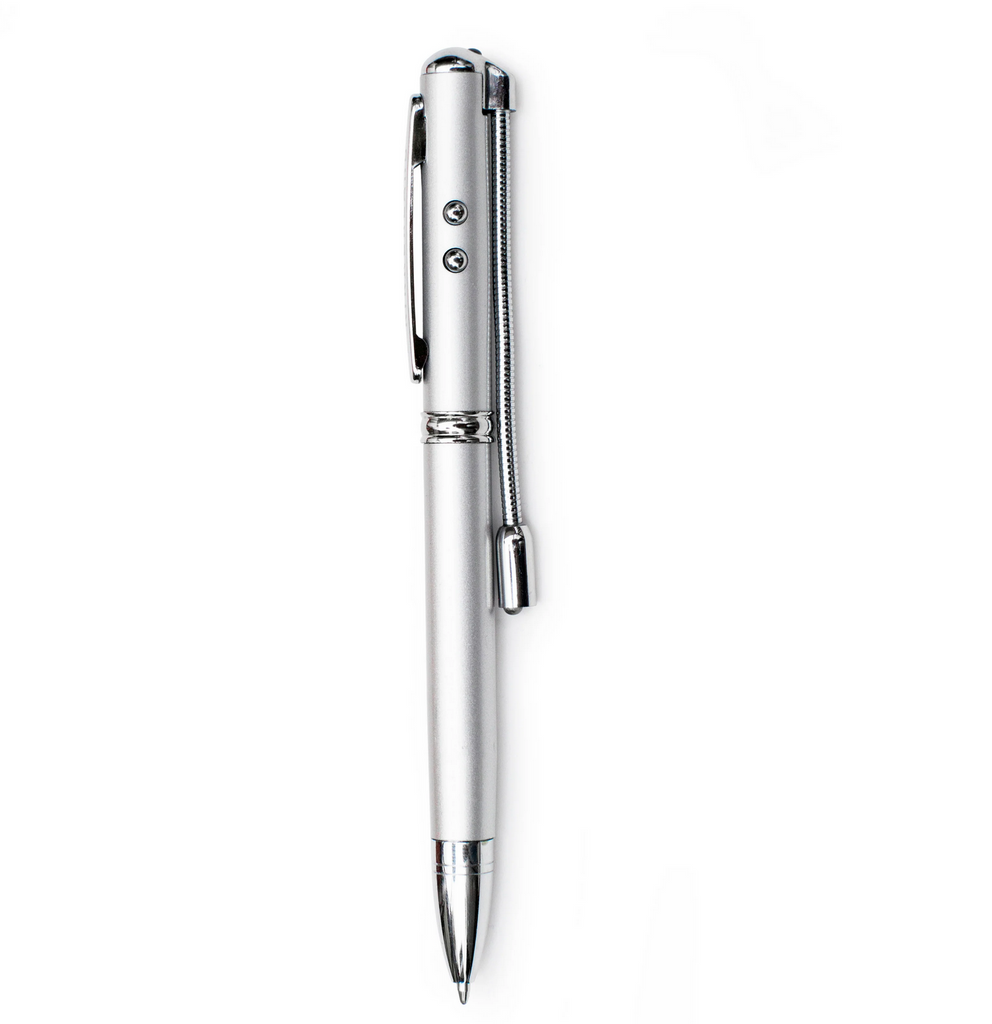 Silver Spy Pen with ballpoint tip and attached light. 