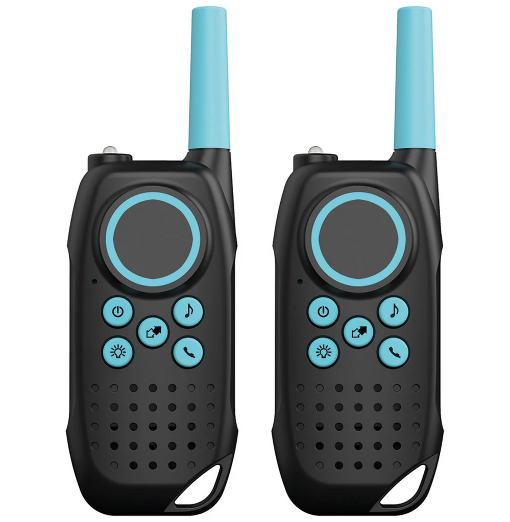 The two Spy Labs walkie talkies with blue antenna, blue bittons and flashlight. 