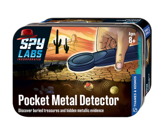 Metal tin containing the Pocket Metal Detector with an illustrated image of the metal detector in use.