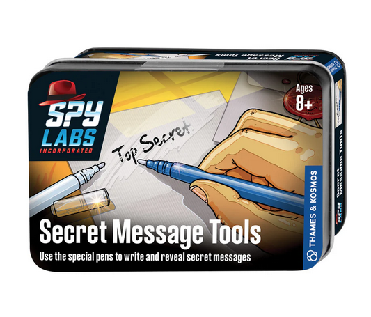 Tin box with the Spy Labs Secret Message Tools inside.Illustrated with a secret message being revealed.