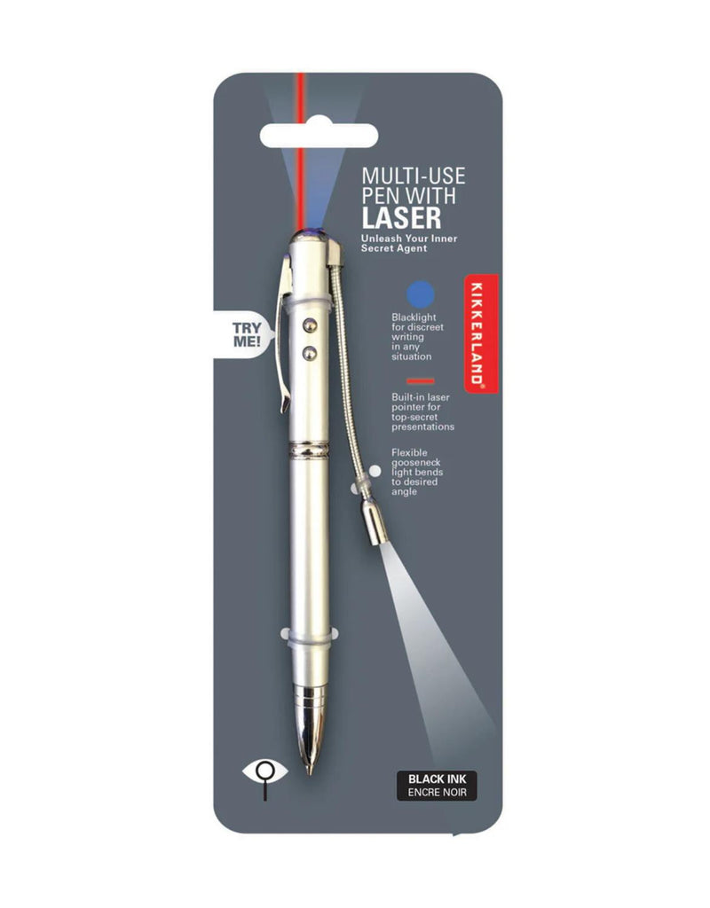 Silver Spy Pen attached to a hangcard with the attached light and a list of functions. 