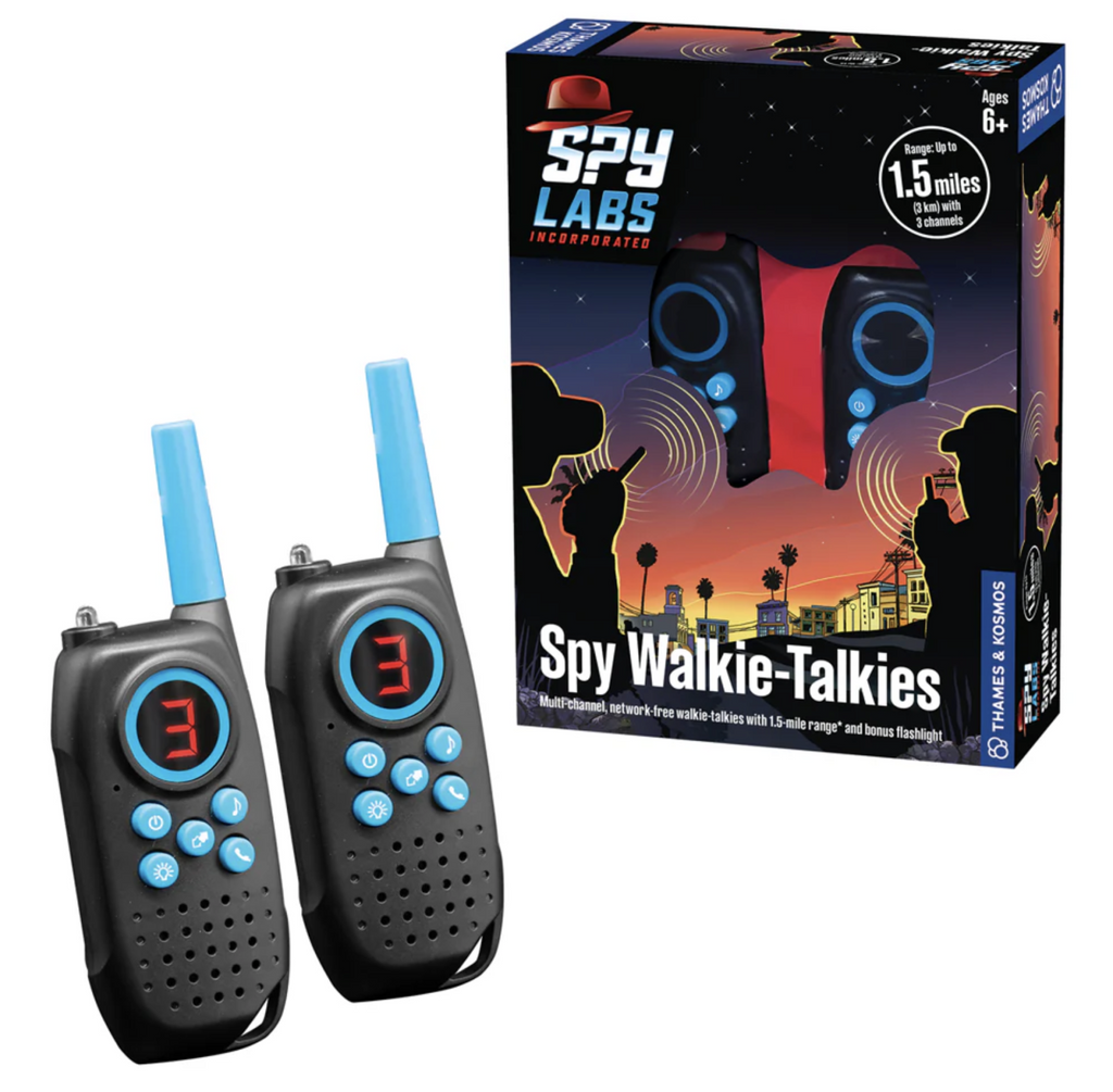 Spy Labs Walkie Talkie set with two handheld communication devices and the product box in the background. 