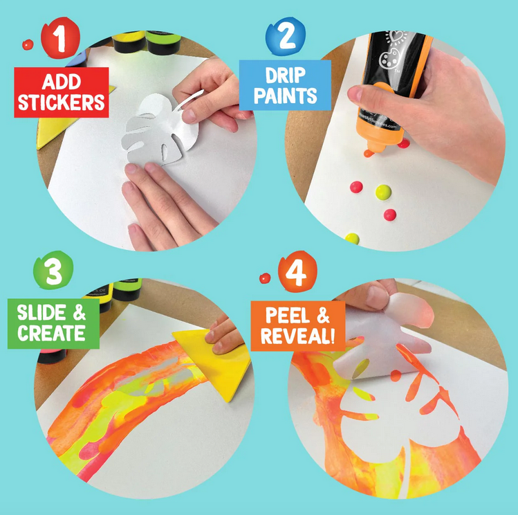 Basic directions in pitures of how to use the Squeegee Art kit. Four steps to creating your own modern work of art. 