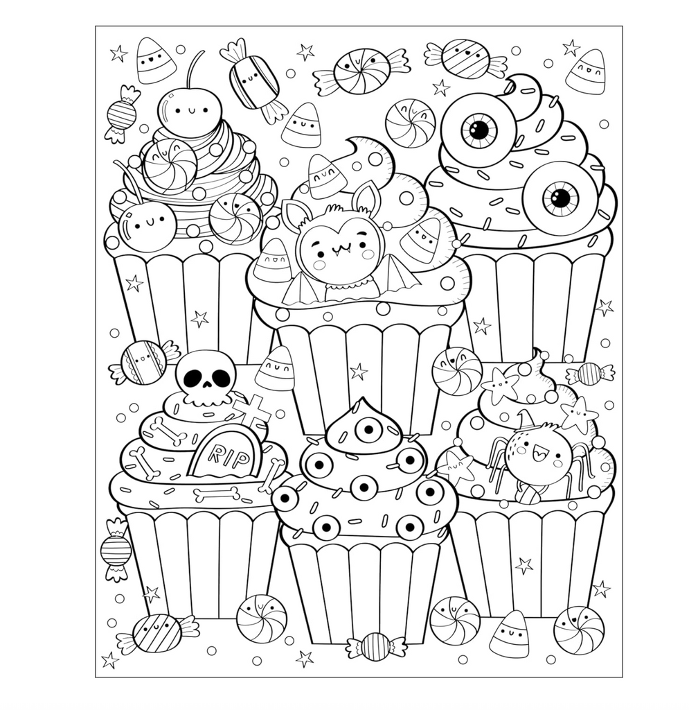 Coloring page with spooky-themed cupcakes and candies