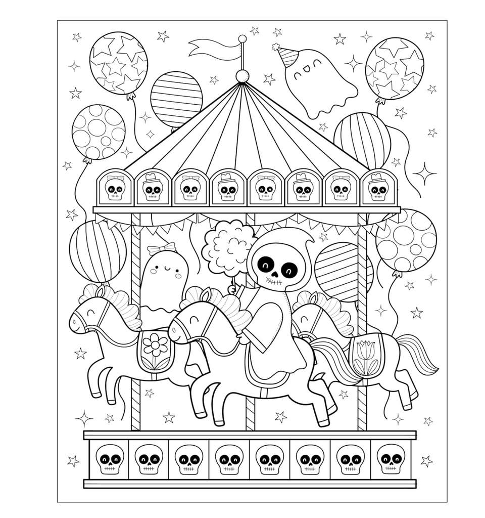 Coloring page with a cute skeleton on a carousel and balloons
