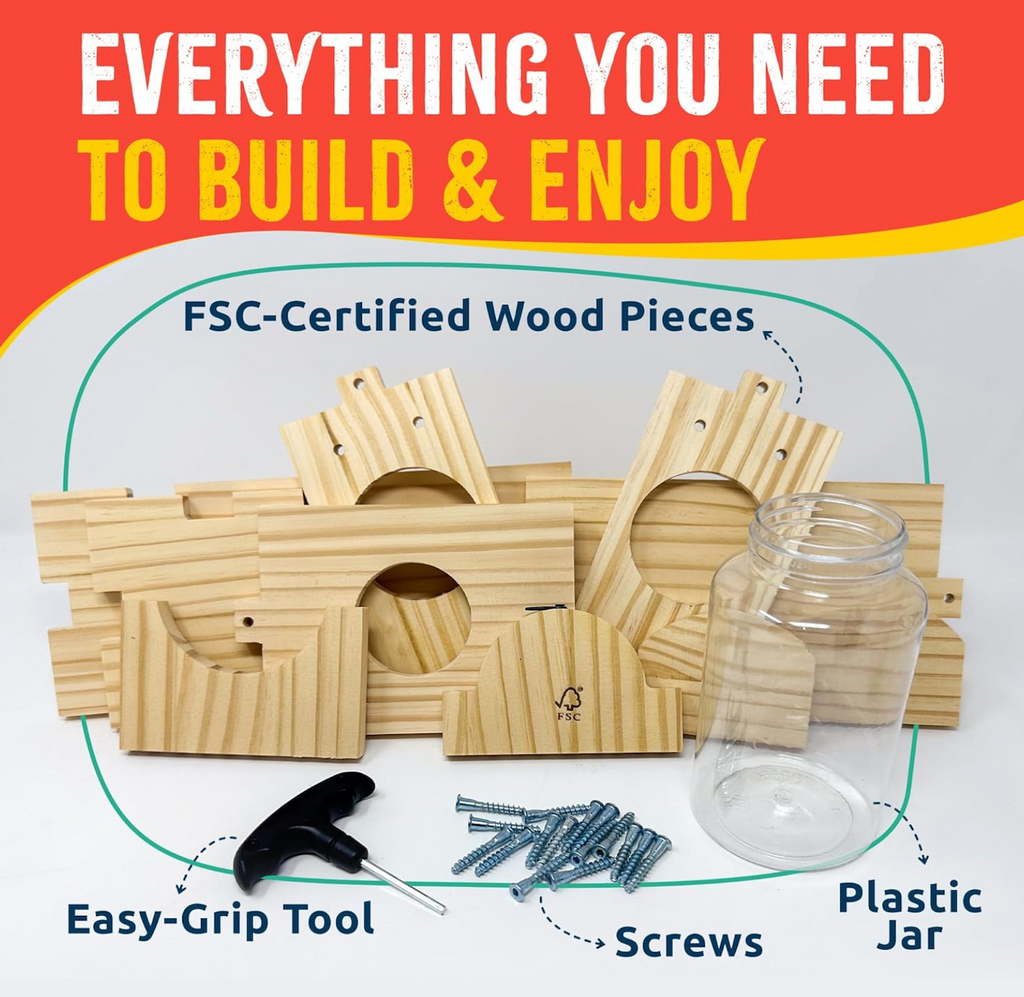 Components of the Squirrel  Feeder Wooden building set with all the wood pieces, easy-grip tool, screws, and plastic jar included in the set. 